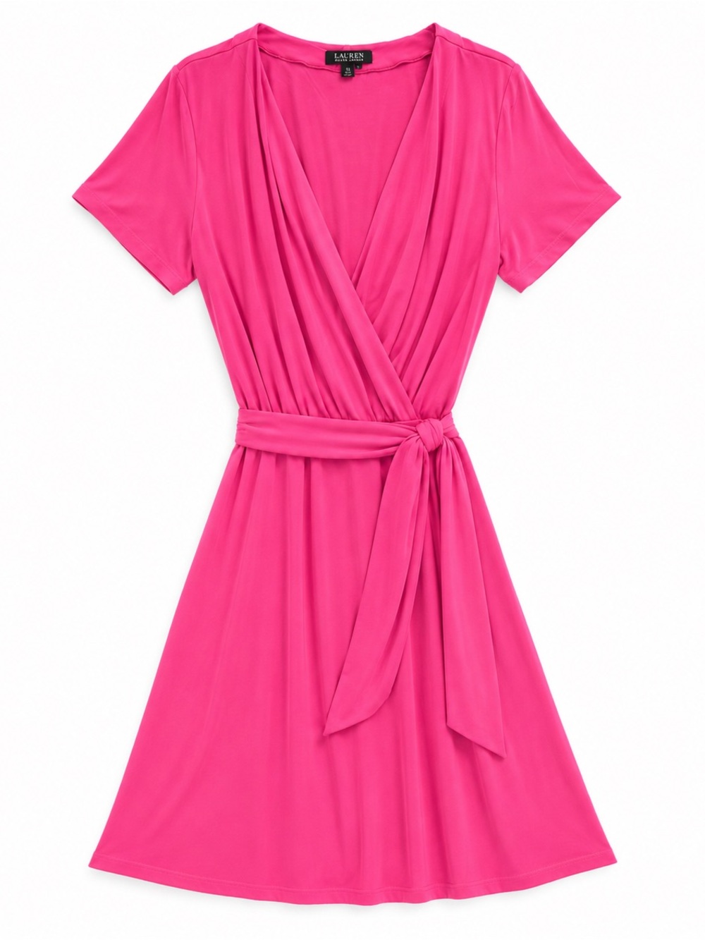Lauren Ralph Lauren 100% Silk Wrap Dress Pink XL Knee Length Short Sleeve Tie